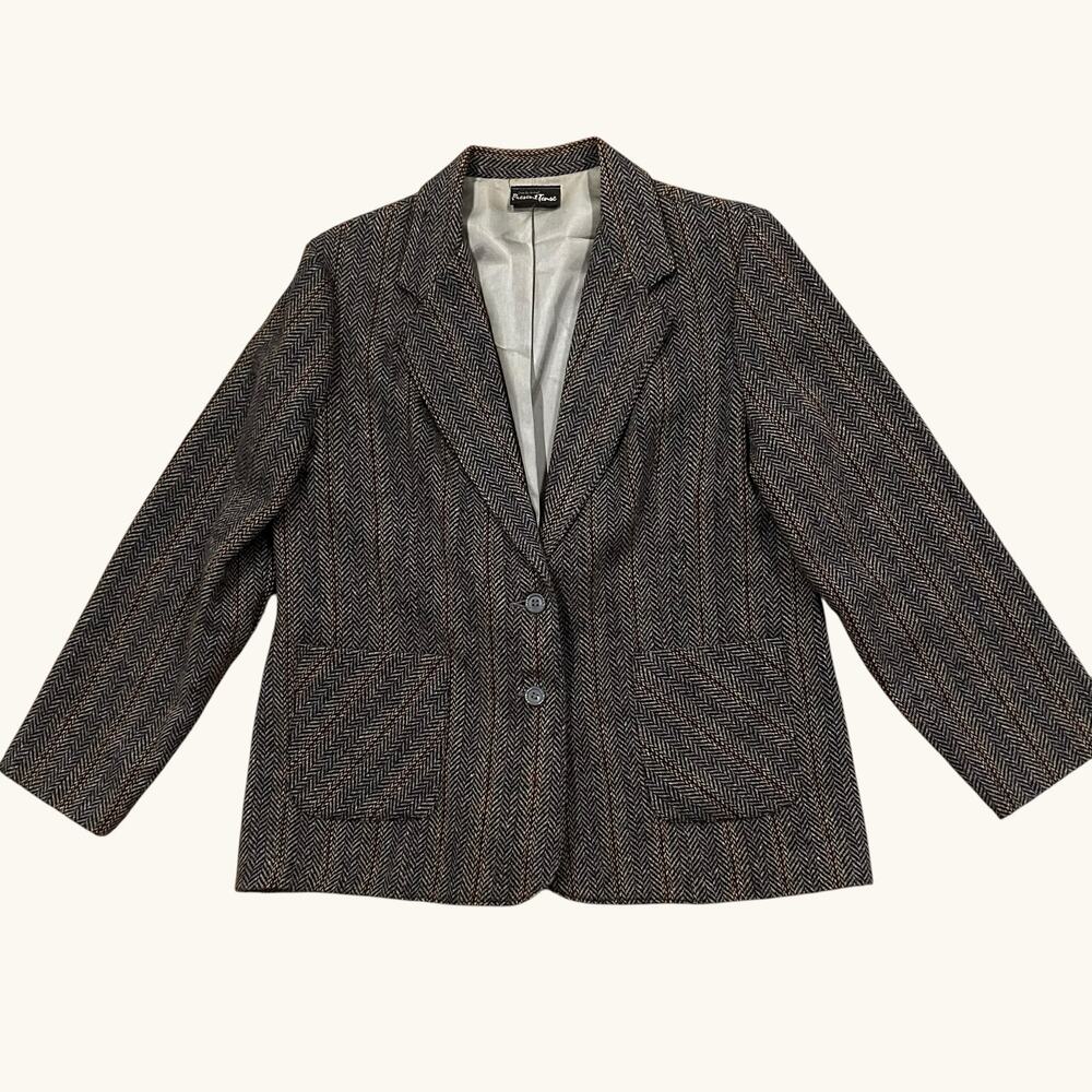 Brown Tweed Herringbone Blazer Jacket Women’s L Dark Academia 40 Bust -